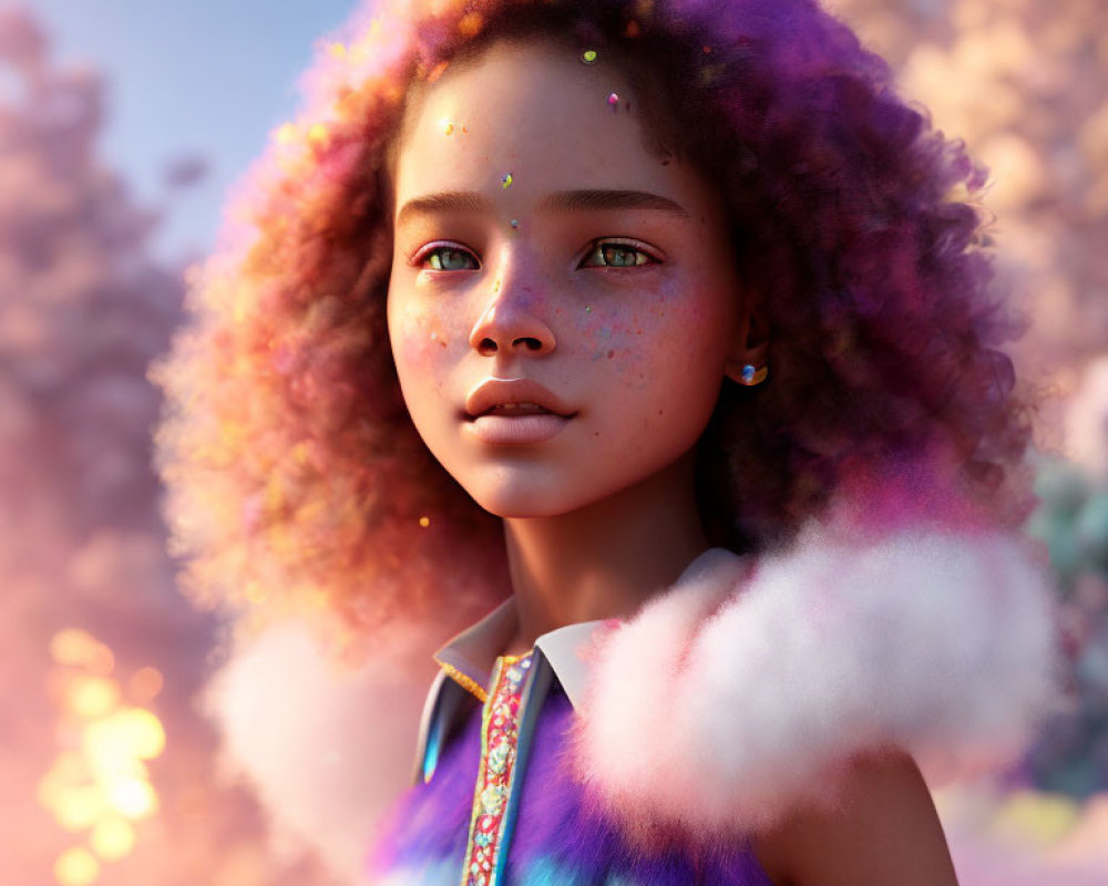 Young girl with curly hair and freckles in dreamy cloud setting