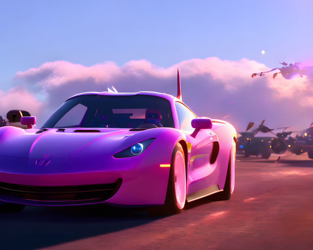 Sleek purple sports car on runway at sunset with plane taking off