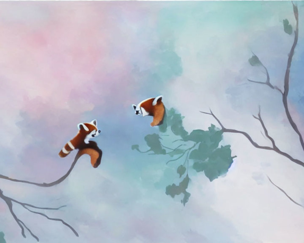 Red pandas leaping on tree branches in pastel backdrop