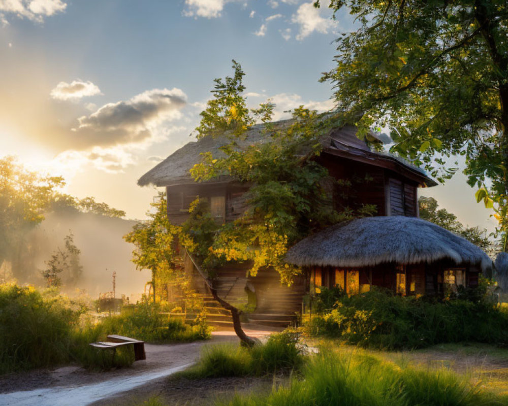 Serene sunset over rustic wooden house and thatched-roof gazebo