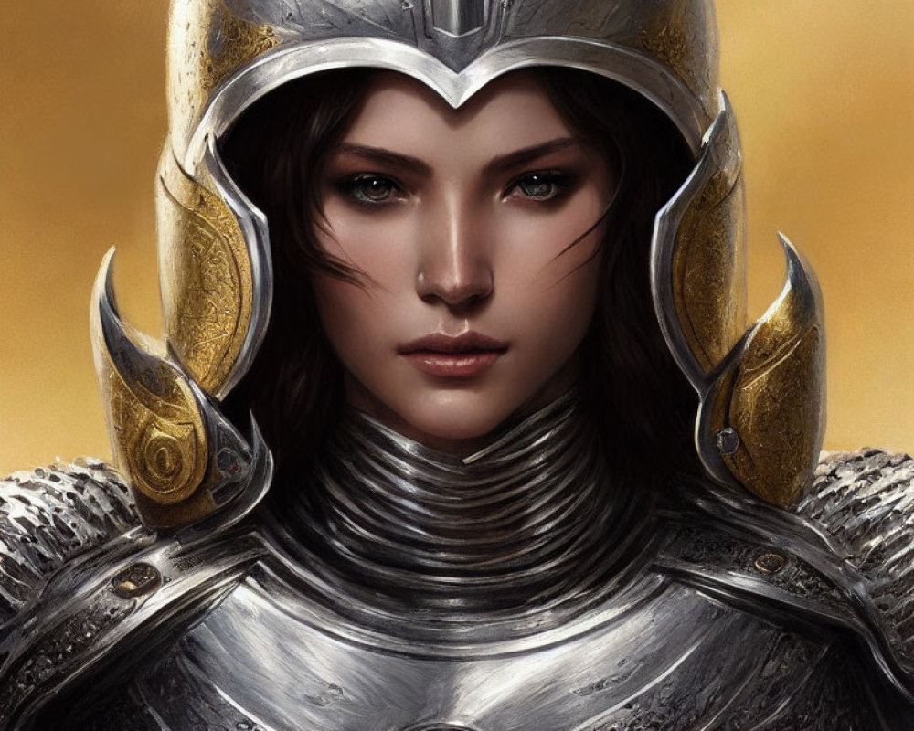 Woman in Silver and Gold Knight's Helmet and Armor on Golden Background