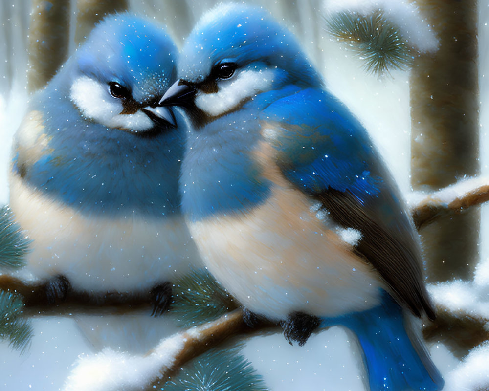 Vibrant blue and orange birds on snowy branch in wintry forest