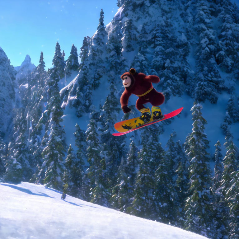 Animated bear snowboarding on snowy mountain slope with pine trees and blue skies