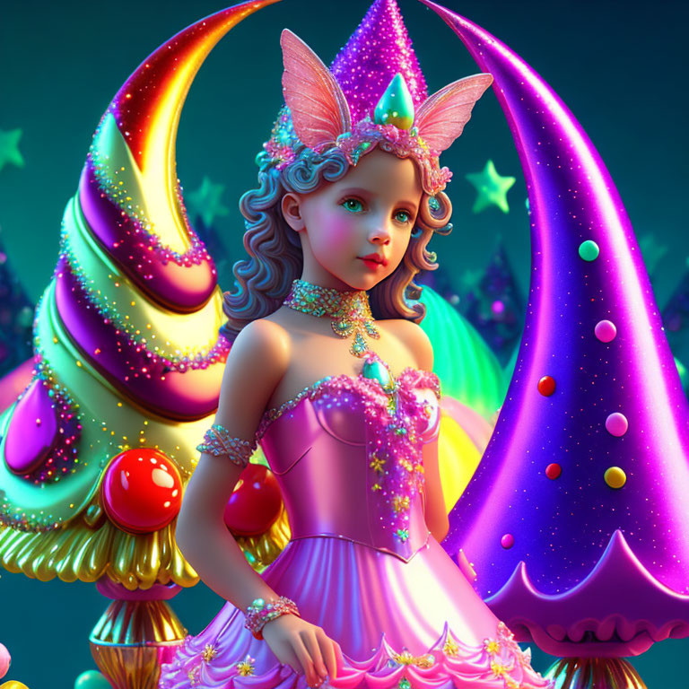 Colorful Digital Illustration: Young Fairy with Butterfly Wings in Whimsical Starry Setting