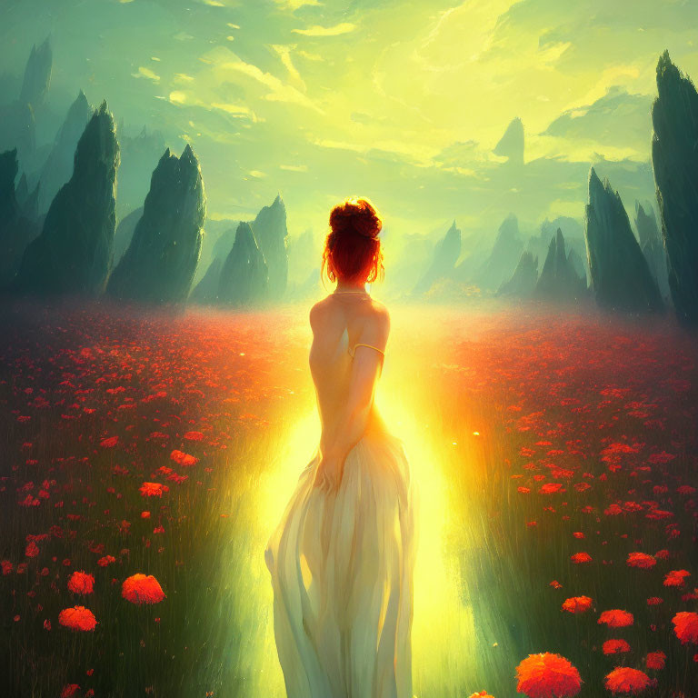 Woman in Red Flower Field at Sunset with Misty Horizon and Rock Formations