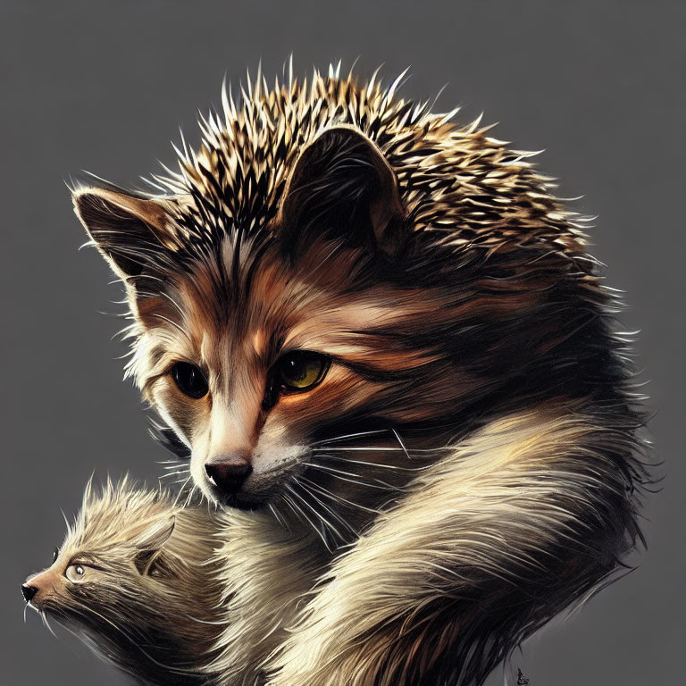 Detailed Illustration of Fox with Vibrant Eyes and Lush Fur Next to Smaller Creature