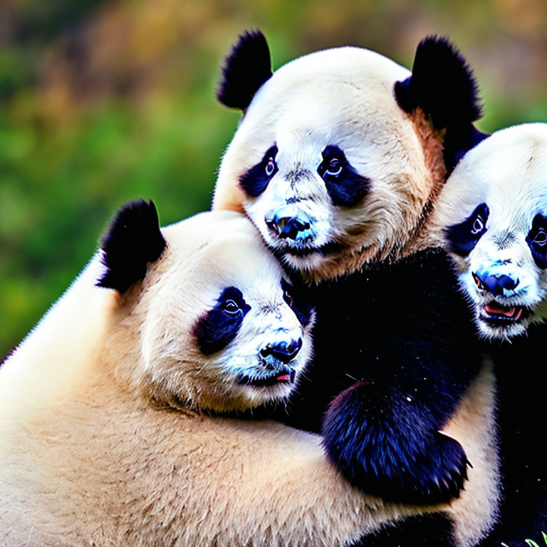 Three pandas cuddling with vibrant green background