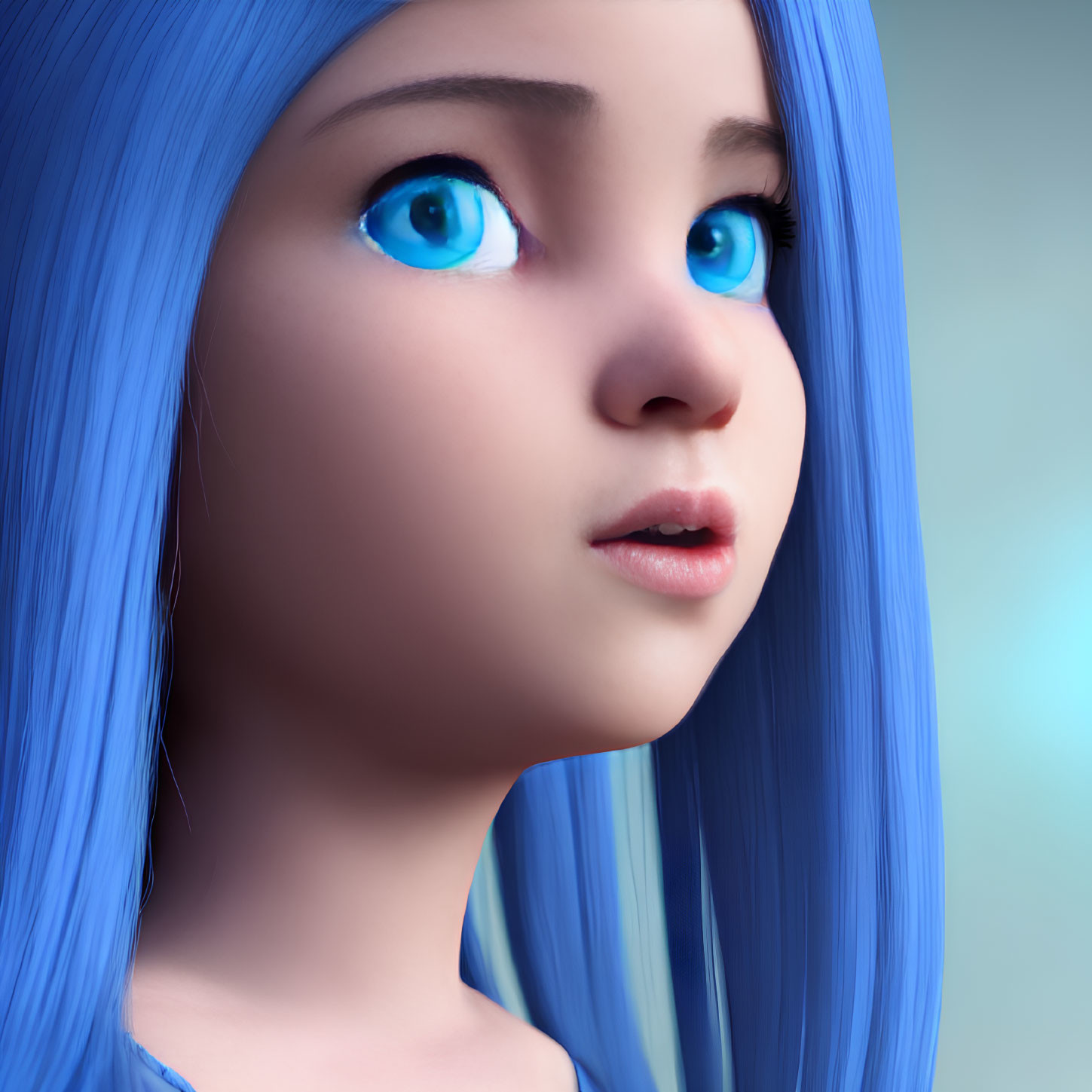 Close-up of 3D-animated female character with bright blue hair and eyes