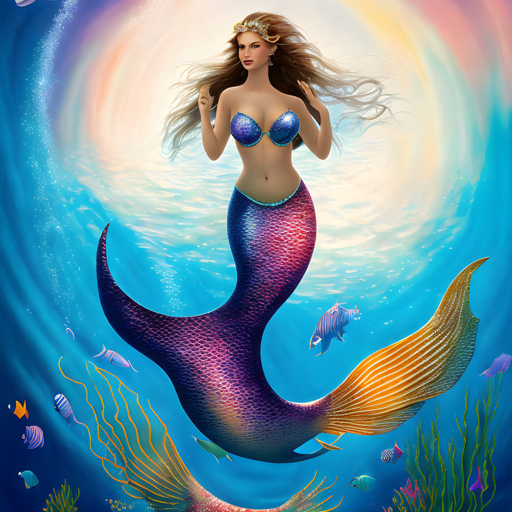 Colorful Mermaid Swimming Among Fish in Dreamlike Underwater Scene