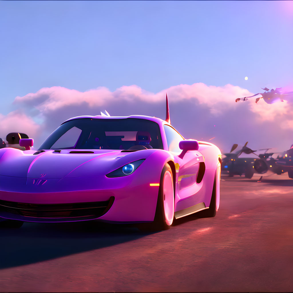 Sleek purple sports car on runway at sunset with plane taking off