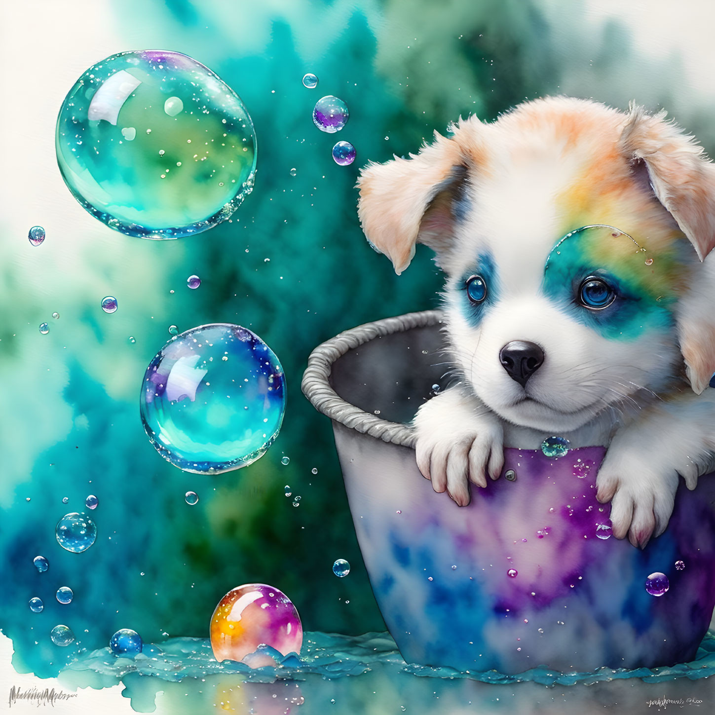 Colorful Illustration of Adorable Puppy in Purple Bucket with Blue Accents