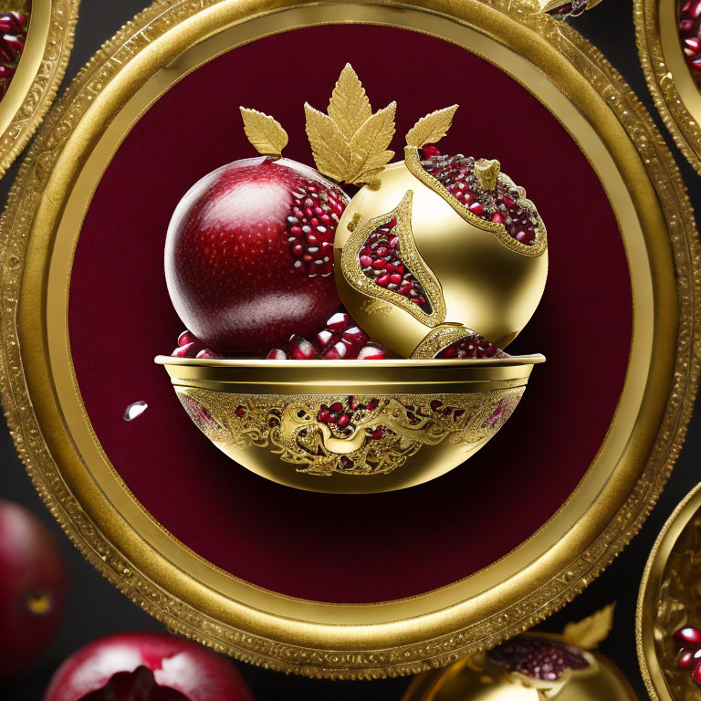 Golden Ornamented Sphere Resembling Peeled Pomegranate on Dark Red Background