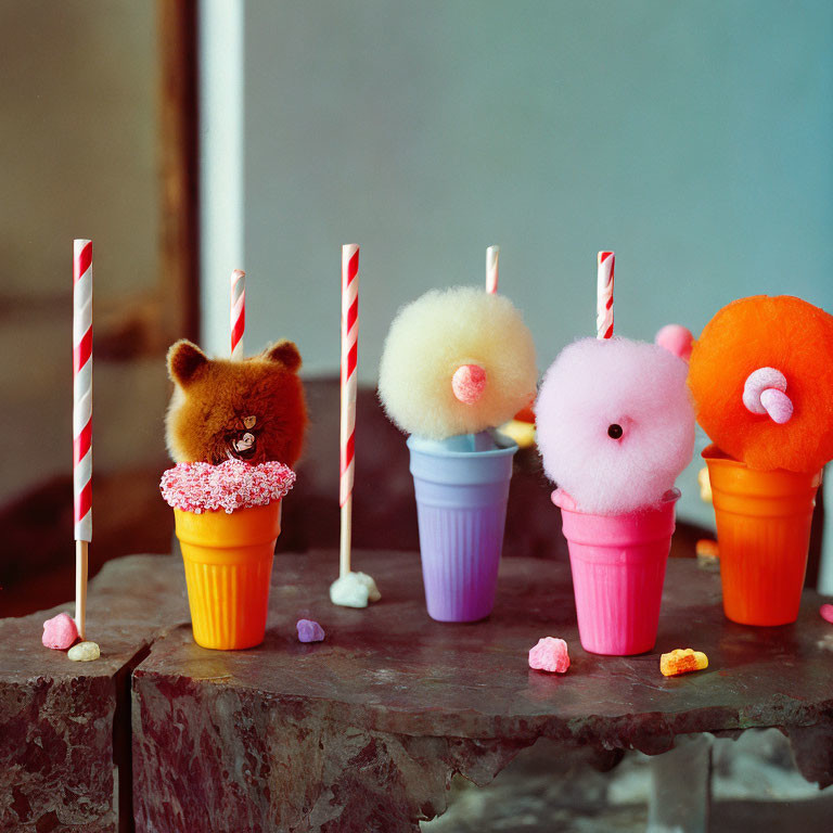 Colorful Cotton Candy Creatures in Ice Cream Cones on Rustic Surface