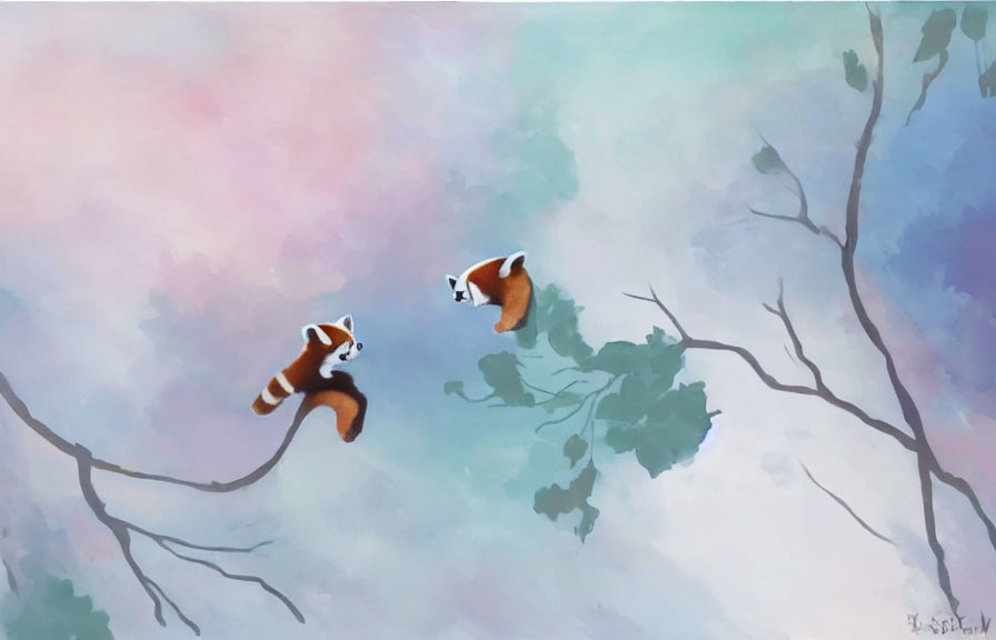 Red pandas leaping on tree branches in pastel backdrop