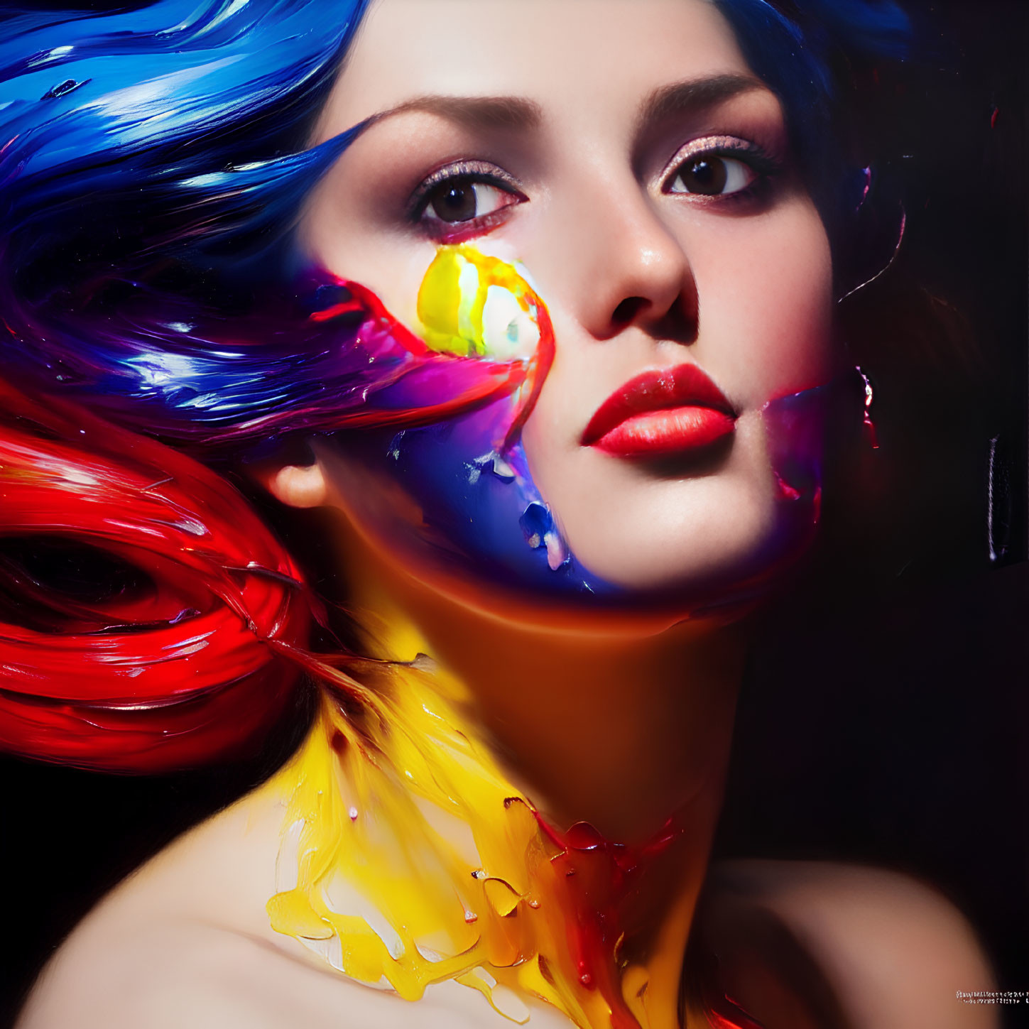 Colorful Swirls Adorn Woman's Face and Neck on Dark Background