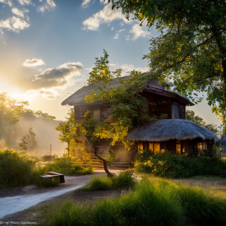 Serene sunset over rustic wooden house and thatched-roof gazebo