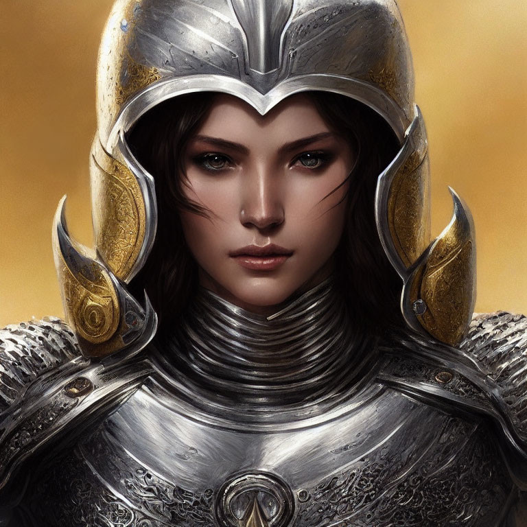 Woman in Silver and Gold Knight's Helmet and Armor on Golden Background