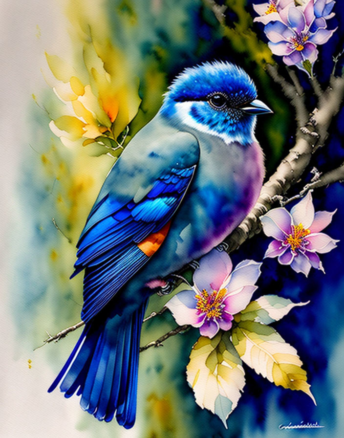 Colorful Bird Painting on Branch with Blossoms