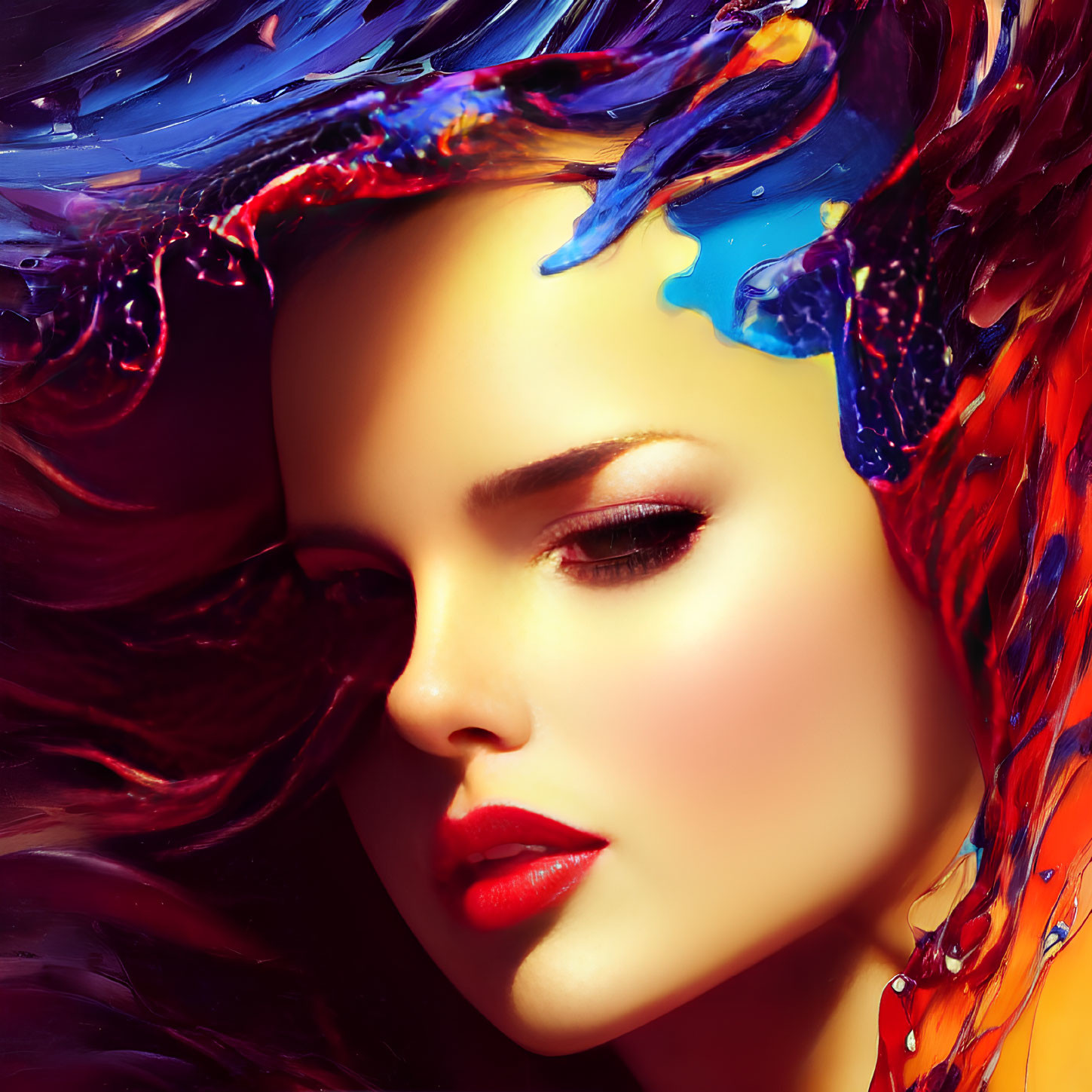 Colorful Digital Artwork: Woman with Flowing Hair and Liquid Paint Swirls