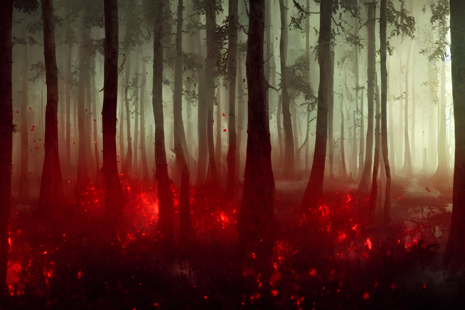 Mystical forest with slender trees in fog and red glow
