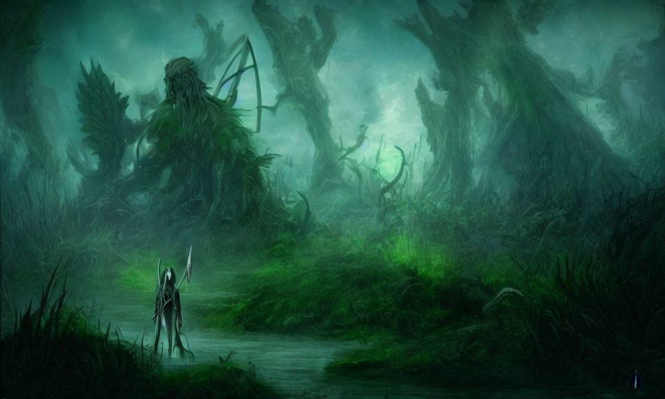 Solitary figure with spear in misty swamp with twisted trees