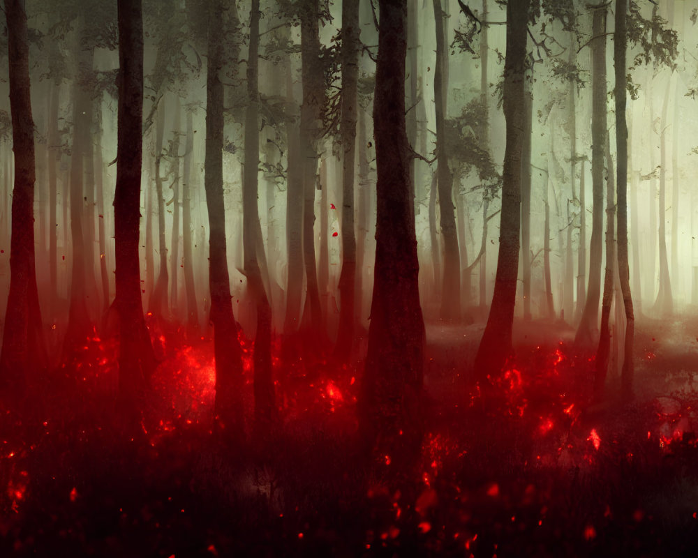 Mystical forest with slender trees in fog and red glow
