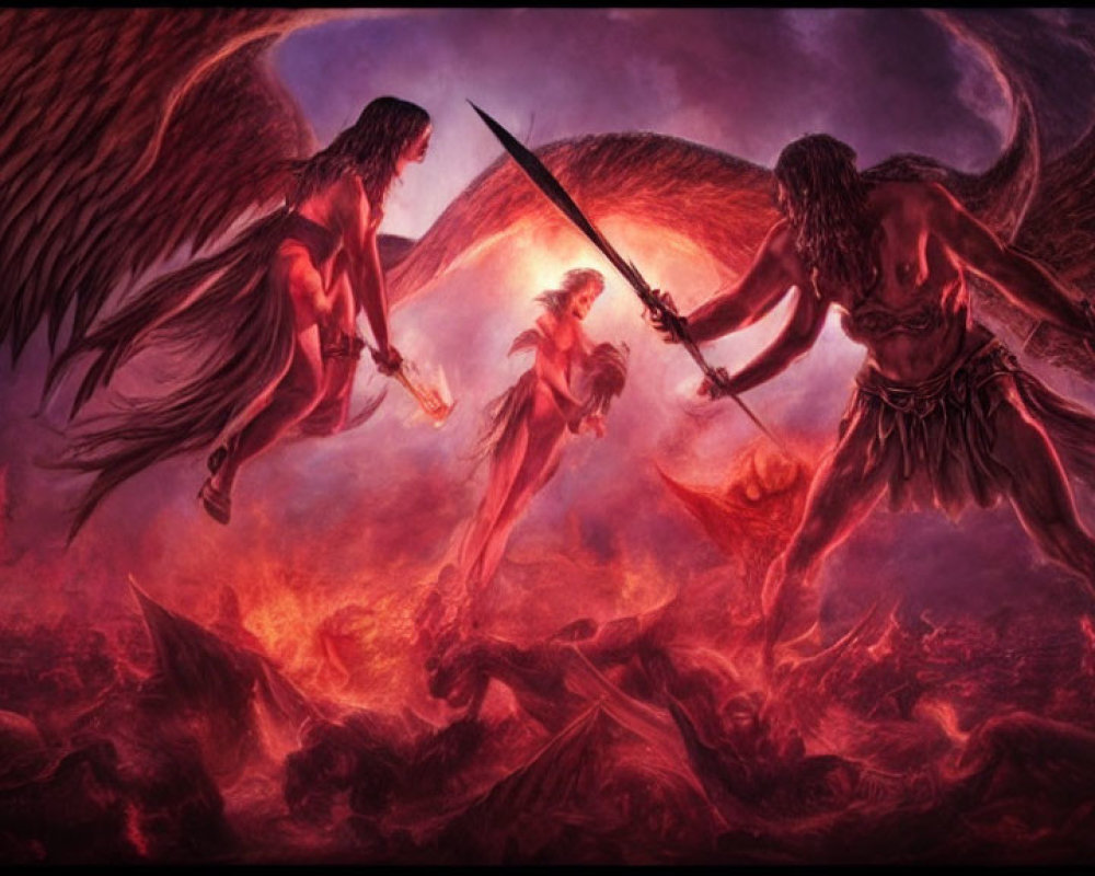Fantasy Battle Scene: Winged Beings Clash Swords Over Fiery Landscape