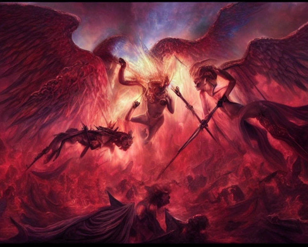 Fantasy battle scene with winged beings and spears in fiery red backdrop