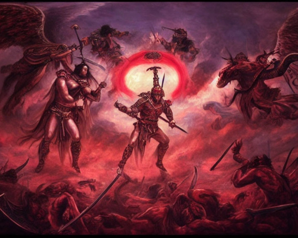 Fantasy battle scene with winged warriors under blood-red moon