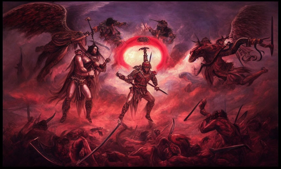 Fantasy battle scene with winged warriors under blood-red moon