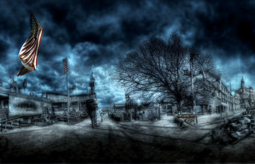 Desolate street with American flag under dark sky