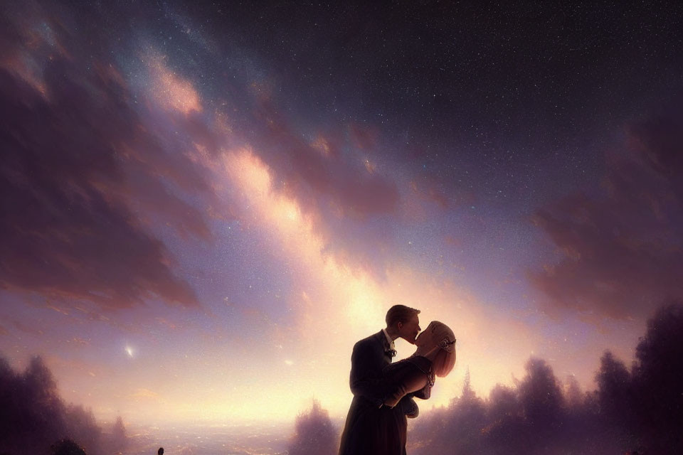 Romantic couple kissing under purple and orange starry sky by forest.