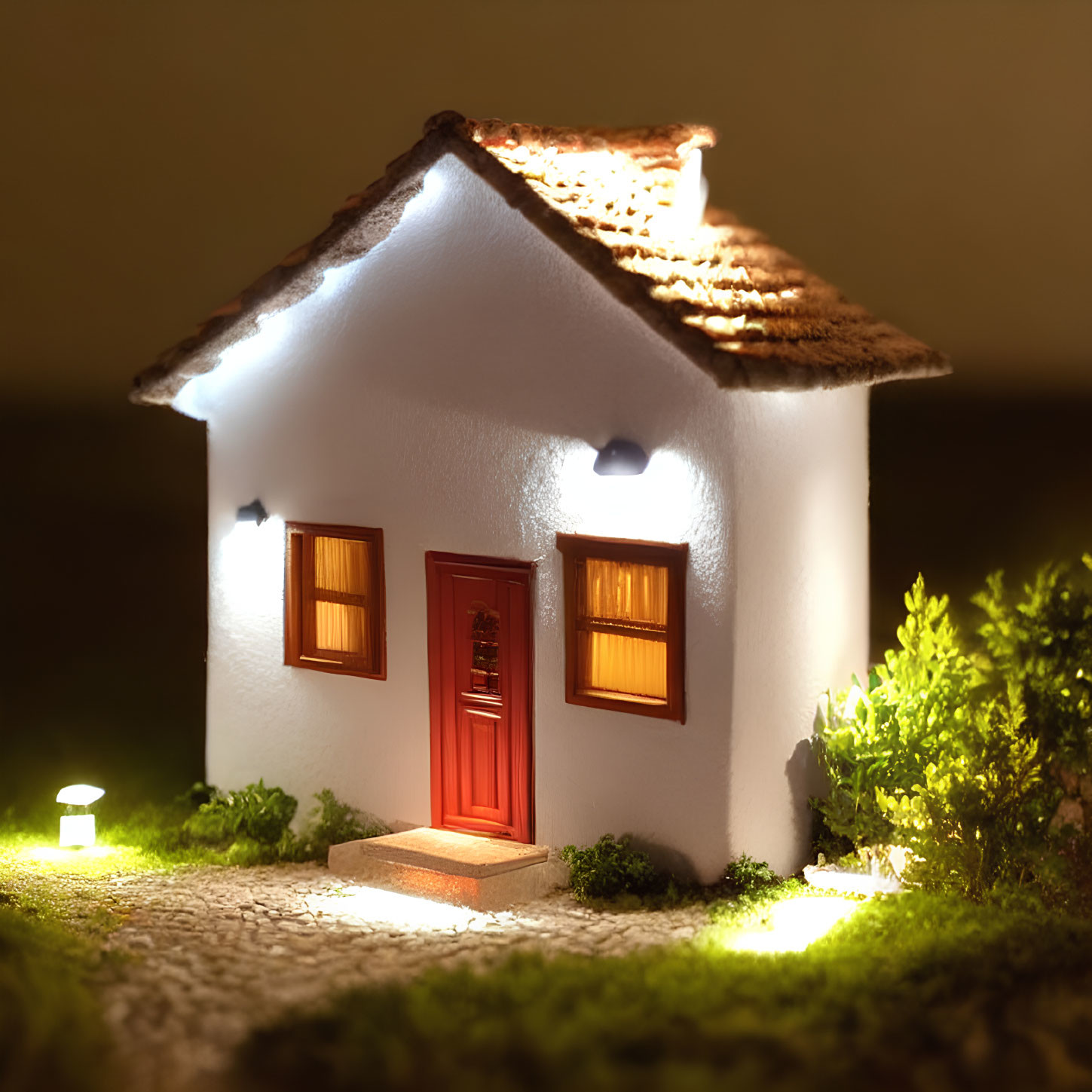 Miniature House with Red Door and Glowing Windows in Night Setting