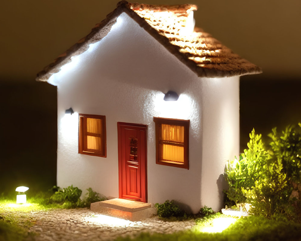 Miniature House with Red Door and Glowing Windows in Night Setting