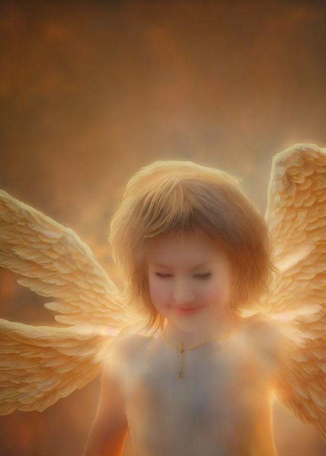 Child with angel wings in warm, golden light: Serene and ethereal scene
