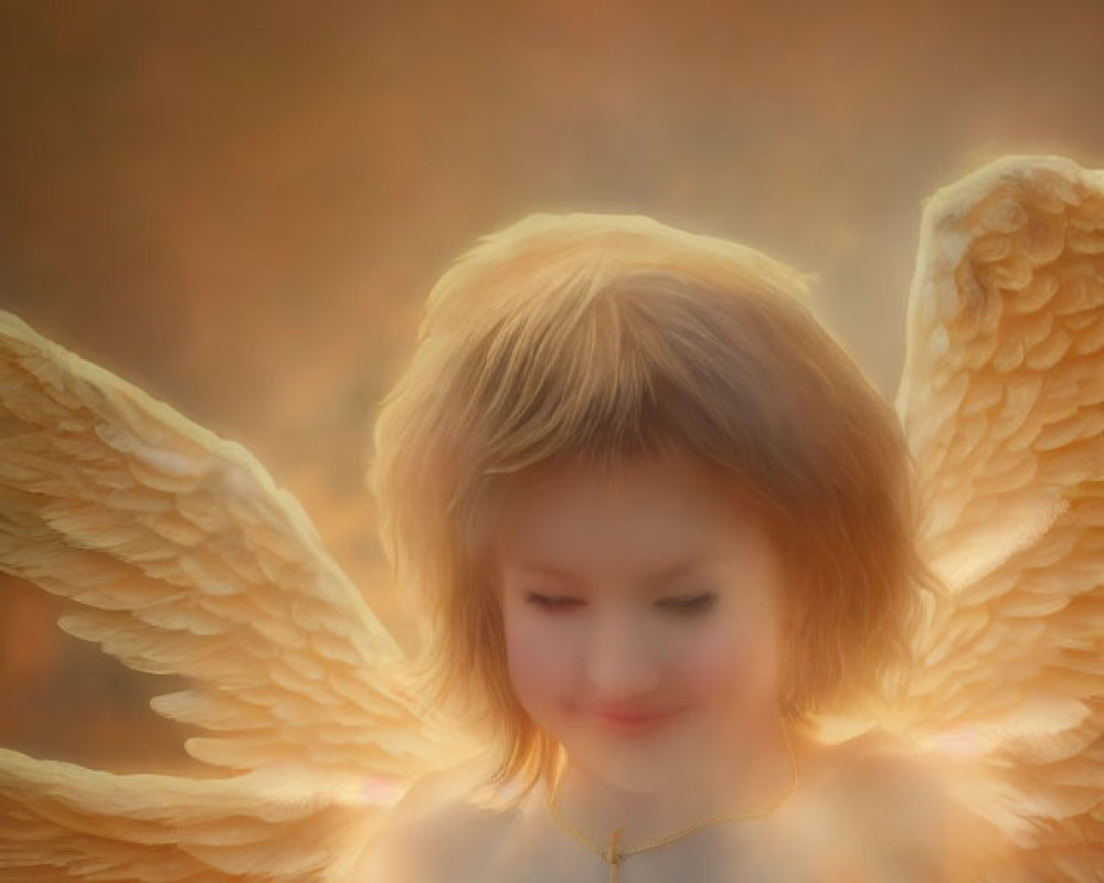 Child with angel wings in warm, golden light: Serene and ethereal scene