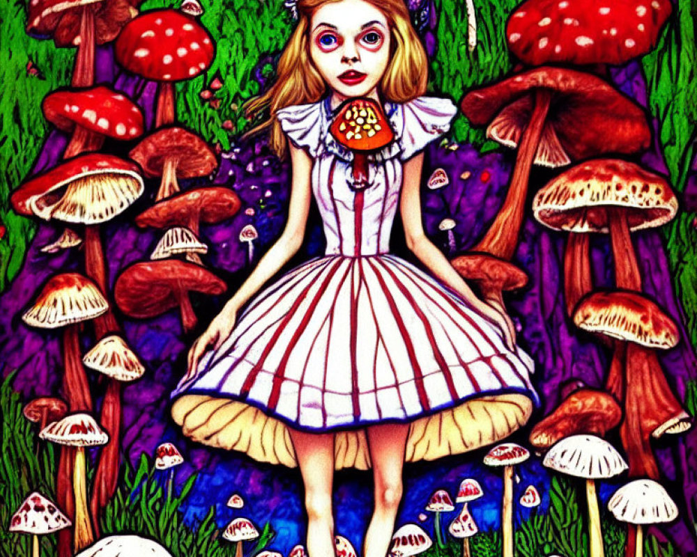 Vibrant illustration of a girl in striped dress with oversized mushrooms and purple foliage