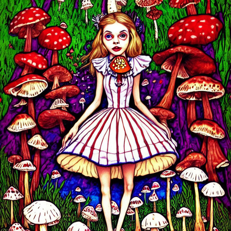 Vibrant illustration of a girl in striped dress with oversized mushrooms and purple foliage
