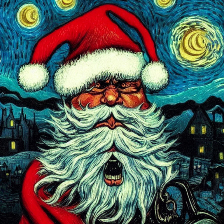 Santa Claus illustration in Van Gogh's "Starry Night" style