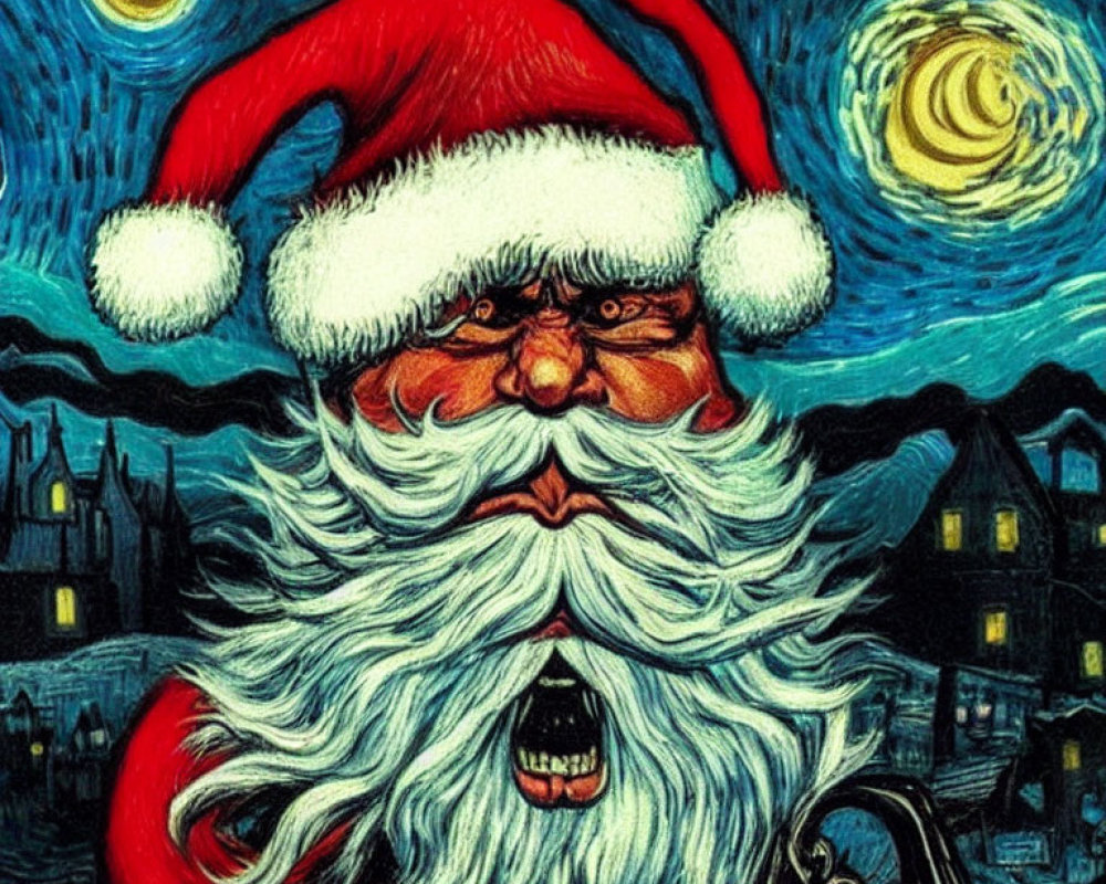 Santa Claus illustration in Van Gogh's "Starry Night" style