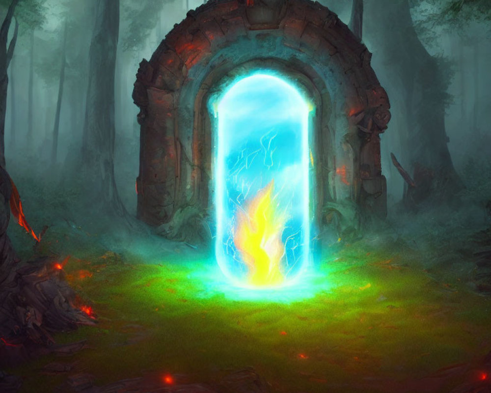 Ancient Stone Portal with Glowing Blue Gateway in Misty Forest