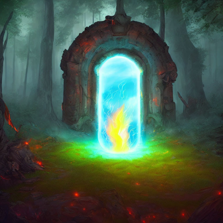 Ancient Stone Portal with Glowing Blue Gateway in Misty Forest