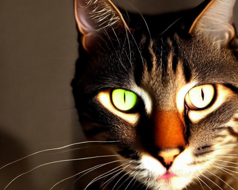 Tabby Cat with Green Eyes in Sunlight and Shadow