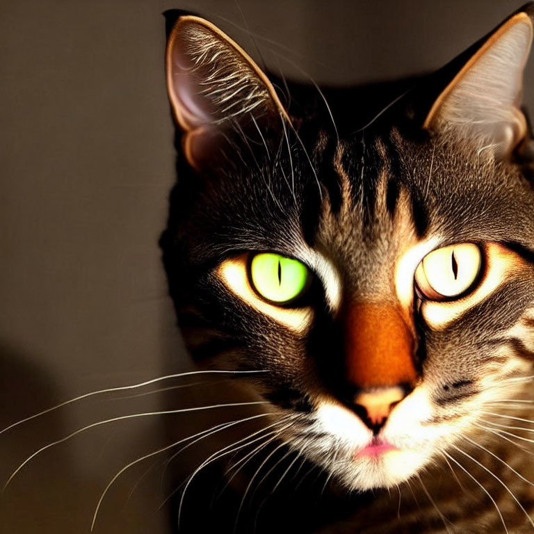 Tabby Cat with Green Eyes in Sunlight and Shadow