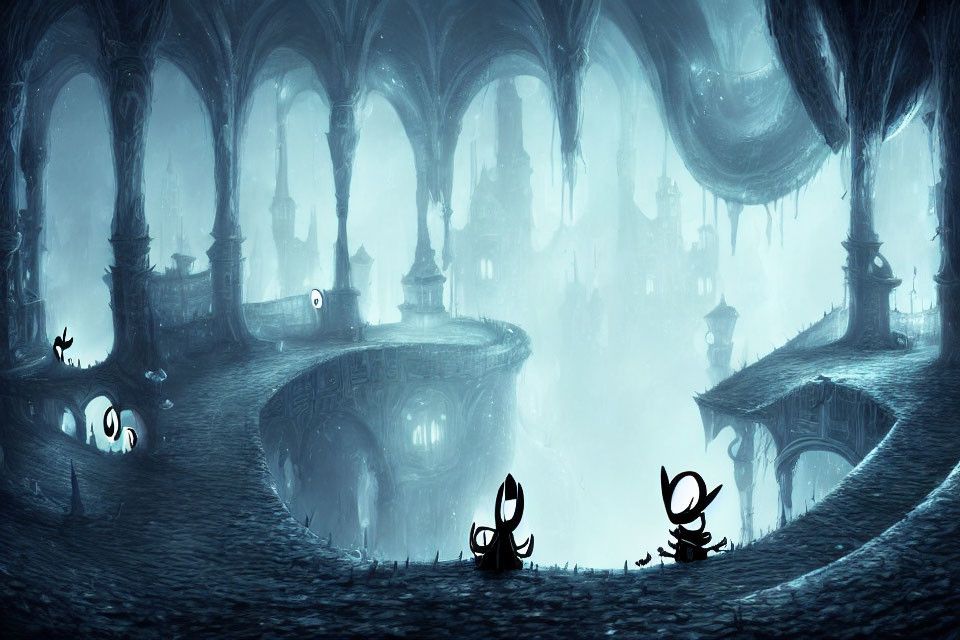 Mystical blue-lit cavern with arches, bridge, and stylized figures.