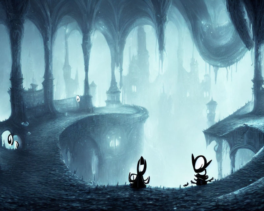 Mystical blue-lit cavern with arches, bridge, and stylized figures.