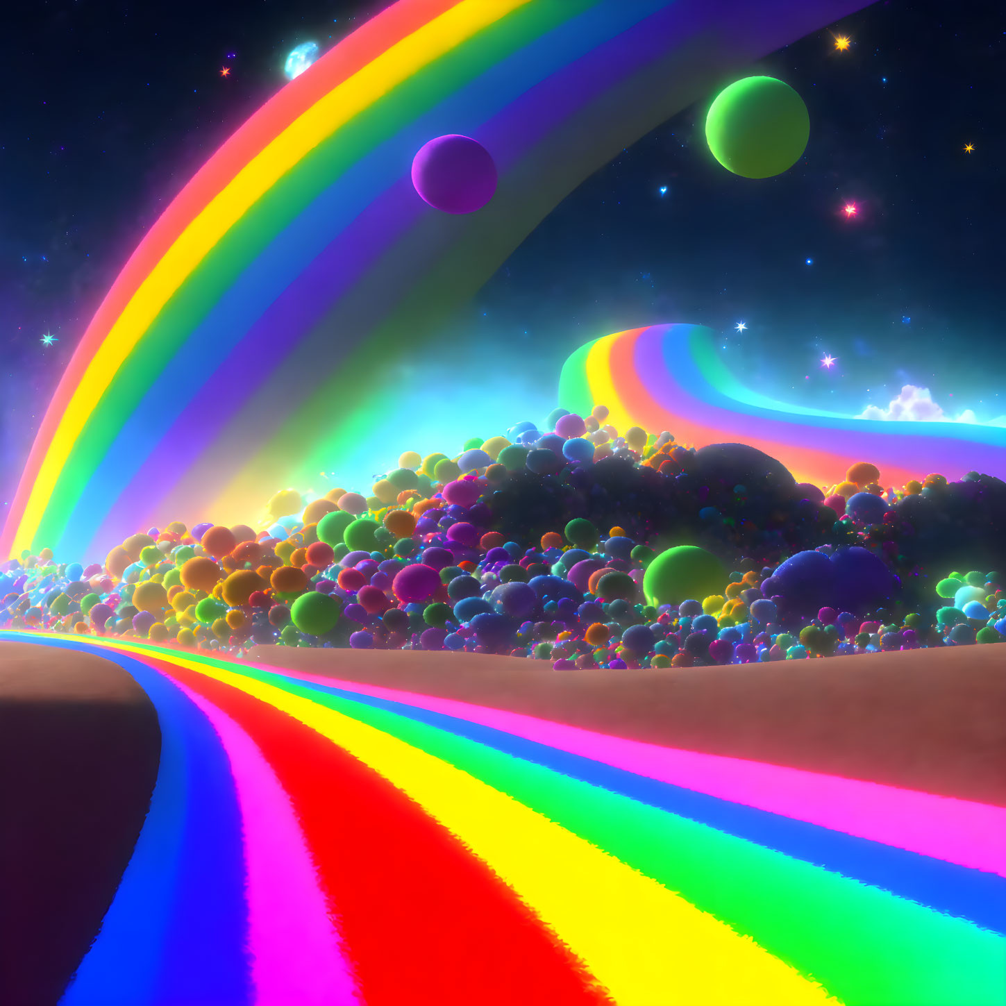 Colorful Fantasy Landscape with Rainbow Road and Cosmic Sky