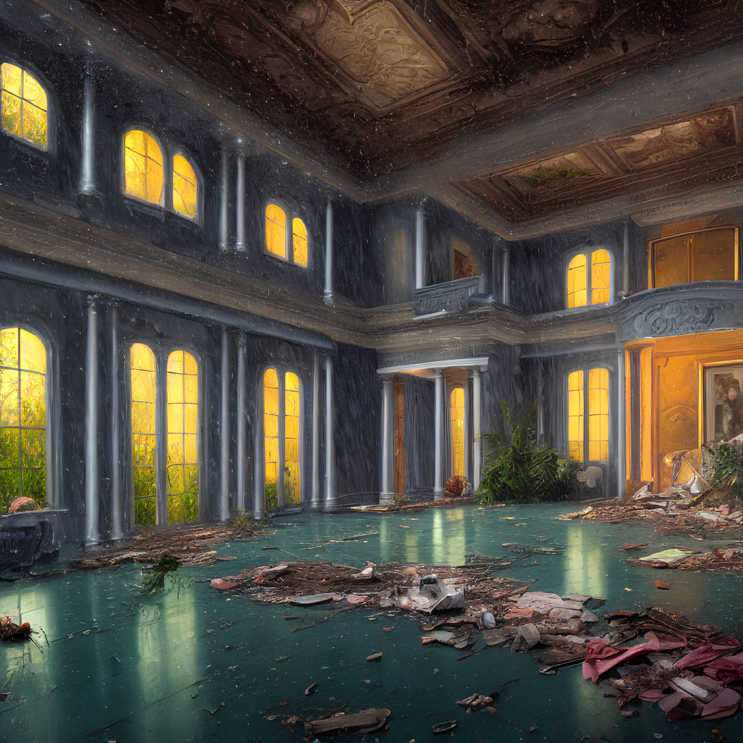 Dilapidated grand room with tall windows and ceiling art