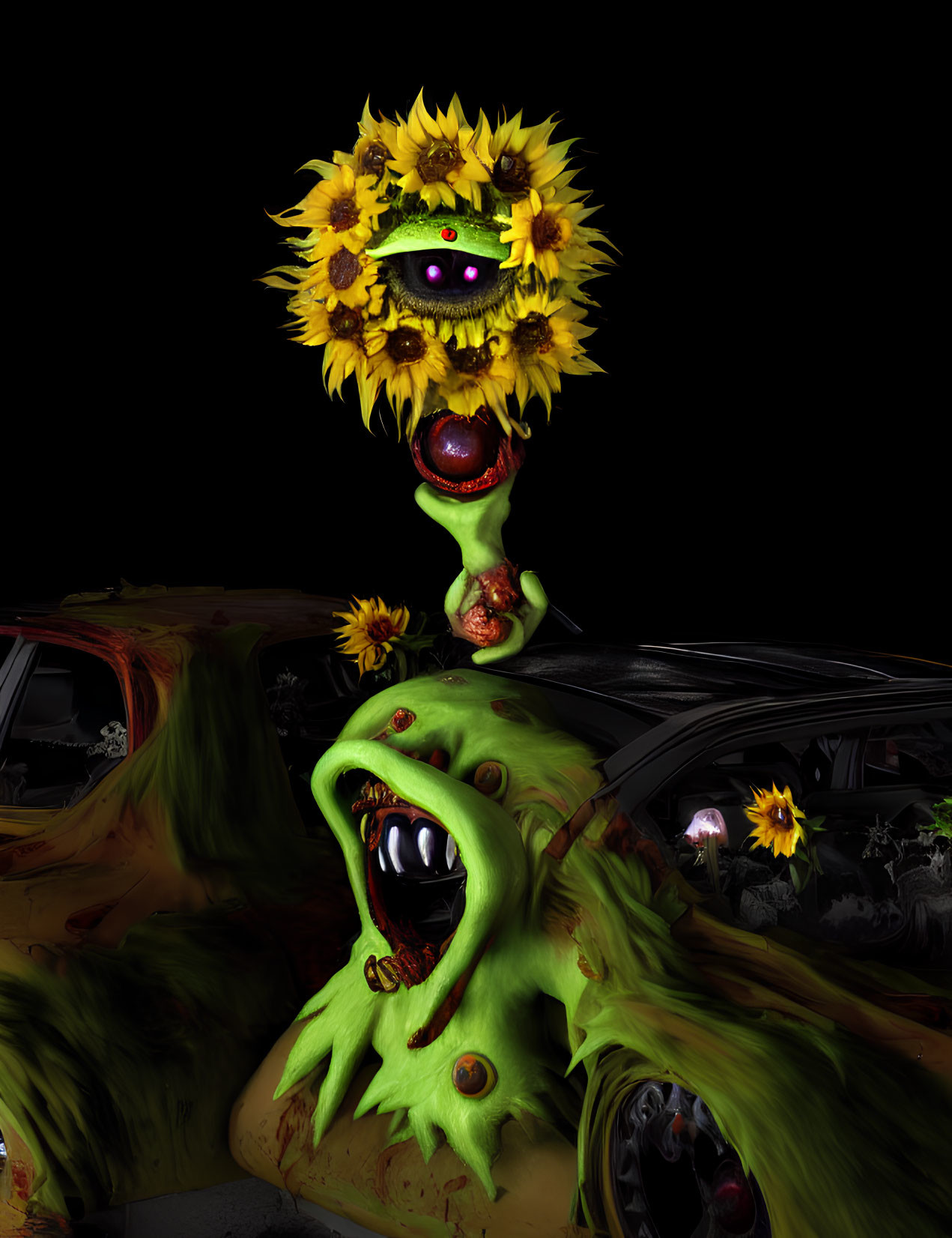 Fantastical sunflower-headed creature with multiple eyes and protruding tongue next to rusty car