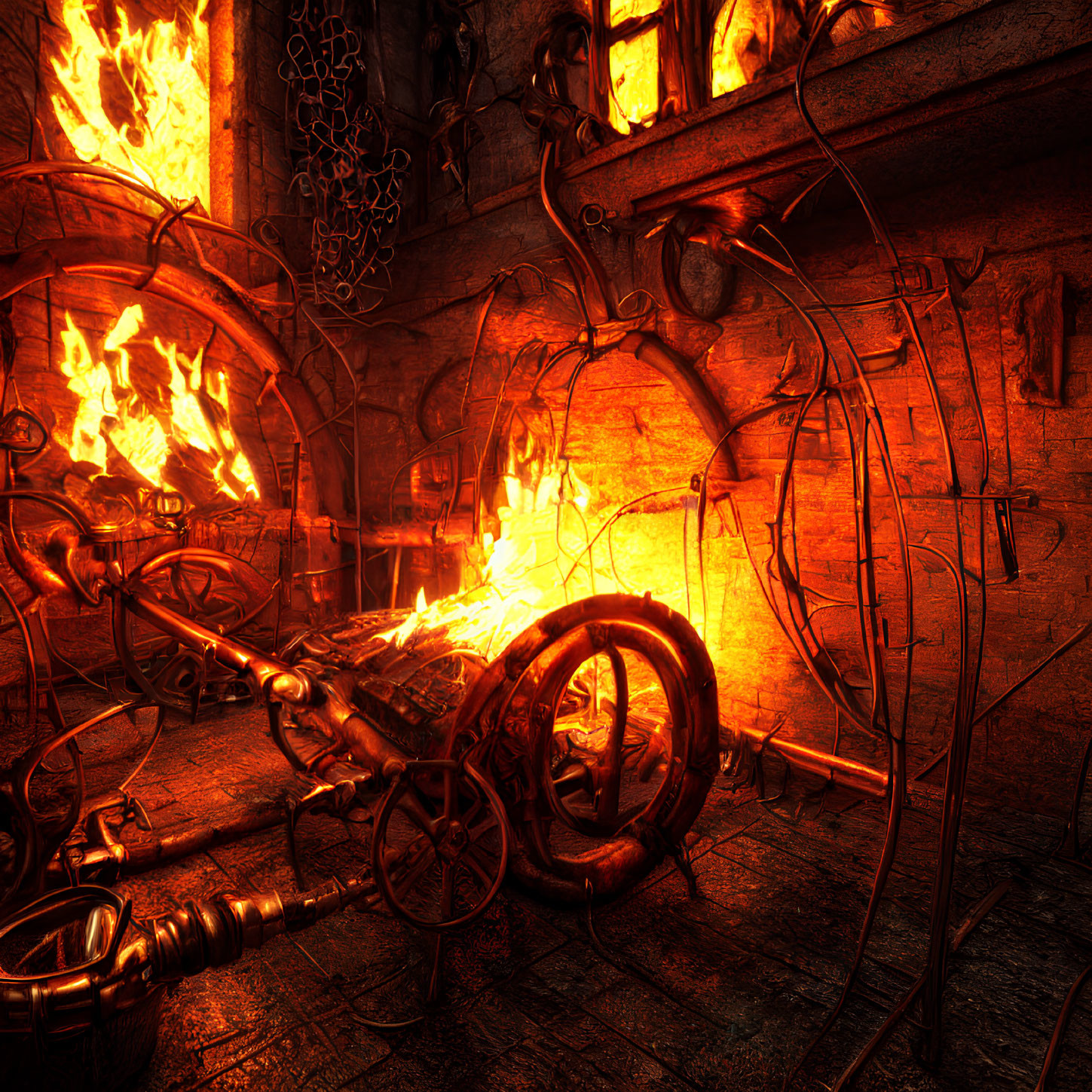 Forge interior with fiery glow, metalwork tools, and iron chain patterns.